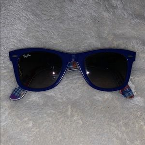 blue wayfarer with plaid on inside
